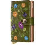 Secrid Premium Miniwallet with stitch floral design in olive, featuring compact leather wallet with card slots and floral pattern.