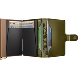 Secrid Premium Miniwallet with Stitch Floral pattern in olive color, open showing card slots and interior compartments.