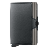 Secrid Twinwallet in black showing the front view with card slots and sleek design for secure card storage.