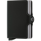 Secrid Twinwallet in black, front view showing compact leather design with card slots and metal card protector