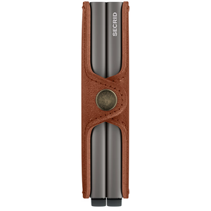 Secrid Twinwallet with saddle leather exterior showing two sides, compact design, and card slots for organized storage.
