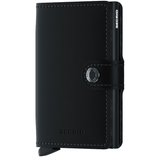 Secrid Miniwallet in matte black showing the front view, compact leather wallet with card slots and sleek design.
