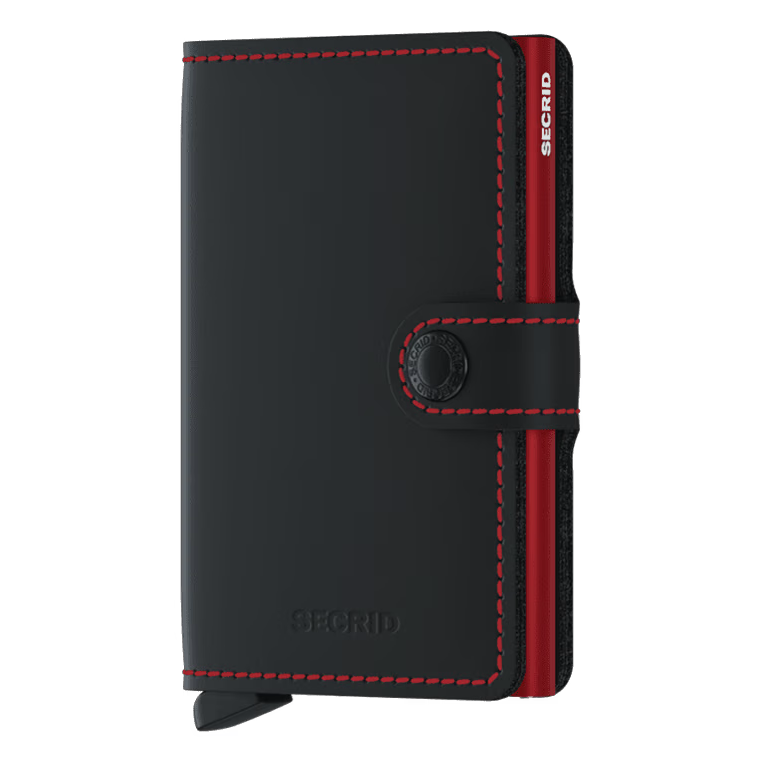 Secrid Miniwallet in matte black and red with front view showing compact wallet design and card slots.