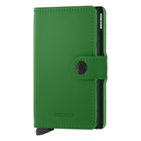 Secrid Miniwallet in matte bright green with front view showing compact leather design and card slots.