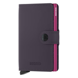 Secrid Miniwallet in matte dark purple and fuchsia with front view showing compact leather wallet design.
