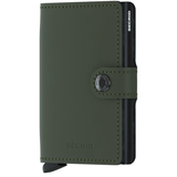 Secrid Miniwallet in matte green and black, compact leather wallet with card slots, front view.