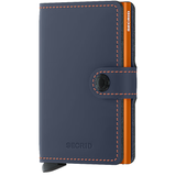 Secrid Miniwallet in matte night blue and orange with front view showing compact design and card slots.
