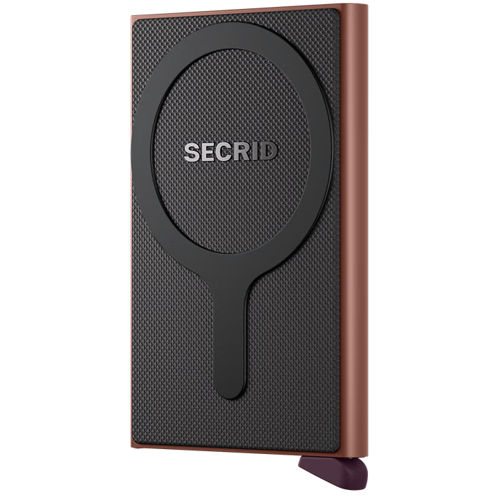 Secrid Cardprotector for MagSafe with rose-colored exterior, compact wallet holding cards securely with magnetic attachment.