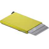 Secrid Cardprotector for MagSafe with lime green exterior open to show card slots and magnetic attachment on a white background.