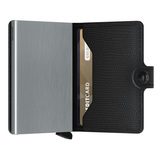 Secrid Miniwallet Rango in black with textured design, compact leather wallet with card slots and metal protection interior.