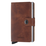 Secrid Miniwallet in vintage brown leather, front view showcasing compact design and sleek finish.