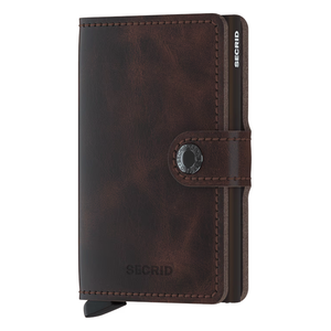 Secrid Vintage Miniwallet in chocolate leather, compact wallet with card slots and secure cash compartment, front view.