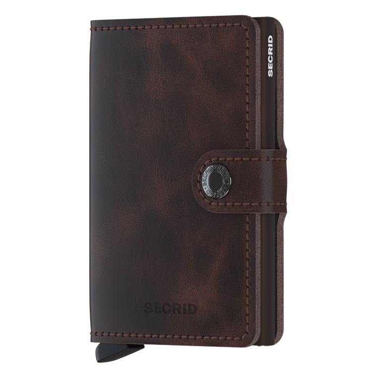 Secrid Vintage Miniwallet in chocolate leather, compact wallet with card slots and secure cash compartment, front view.