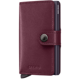 Secrid Miniwallet Original in cranberry color, front view showing compact leather wallet with card slots and branding.
