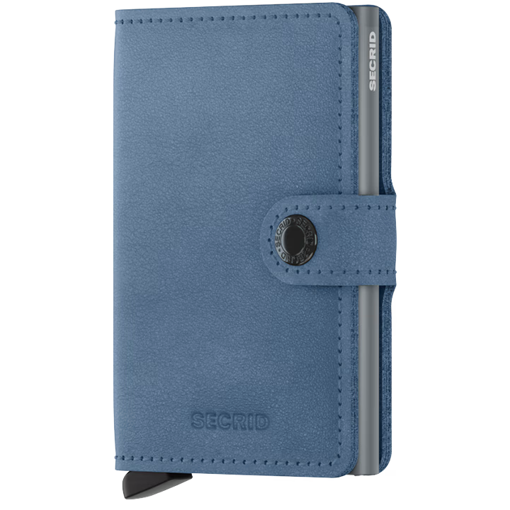 Secrid Miniwallet Original in ice blue, compact leather wallet with card slots, front view showing sleek design and branding.