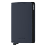 Secrid Slimwallet in night blue with front view showing compact design and card slots, made of smooth leather.