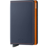 Secrid Slimwallet in matte night blue and orange with front view showing compact design and card slots
