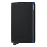 Secrid Slimwallet in black and blue, front view showing compact design and card slots, crafted for slim and secure card storage.