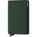 Secrid Slimwallet in green and black with front view showing compact leather design and card slots.