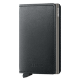 Secrid Slimwallet in black leather showing front view with card slots and sleek compact design.