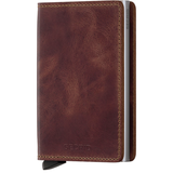 Secrid Slimwallet in brown leather showing front view with card slots and sleek compact design.