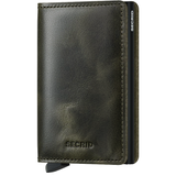 Secrid Slimwallet in olive black with front view showing compact leather wallet with card slots and sleek design.