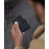 Secrid Premium Miniwallet in embossed black leather with six card slots and compact design.