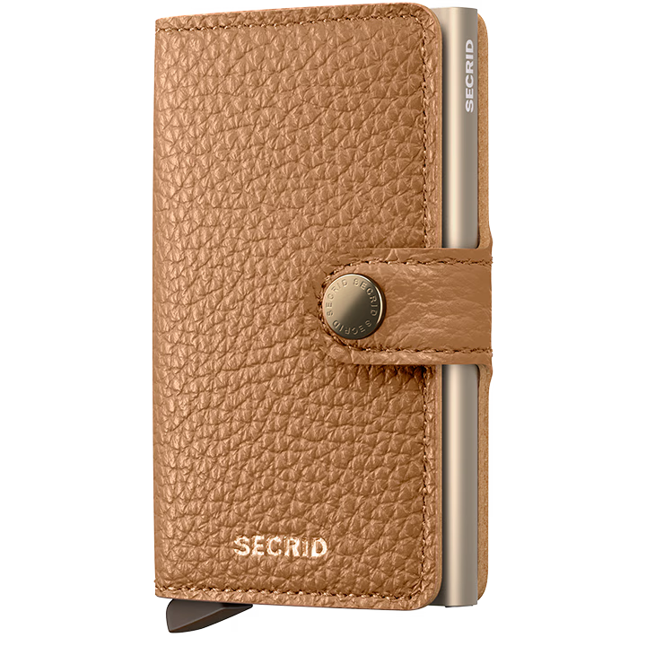 Secrid Miniwallet Pebble in cappuccino leather, front view showing compact design and textured surface.