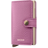 Secrid Miniwallet Pebble in orchid color with front view showing compact leather wallet and card slots.