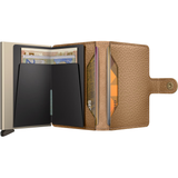Secrid Miniwallet Pebble in cappuccino open to reveal card slots and cash compartment, compact and stylish leather wallet.
