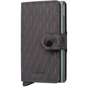 Secrid Miniwallet in optical gray with yellow accents, front view showing slim leather design and secure card slots.