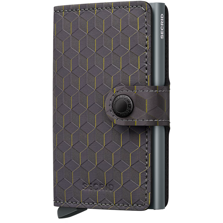 Secrid Miniwallet in optical gray with yellow accents, front view showing slim leather design and secure card slots.
