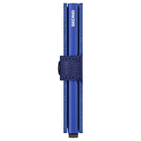 Secrid Miniwallet Crisple in cobalt blue, showing two sides with compact design and textured exterior, ideal for organized cash and cards.