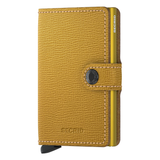 Secrid Miniwallet Crisple in ochre color showing front view with card slots and sleek leather design.