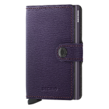Secrid Miniwallet Crisple in purple, front view showcasing compact leather wallet with card slots and sleek design.