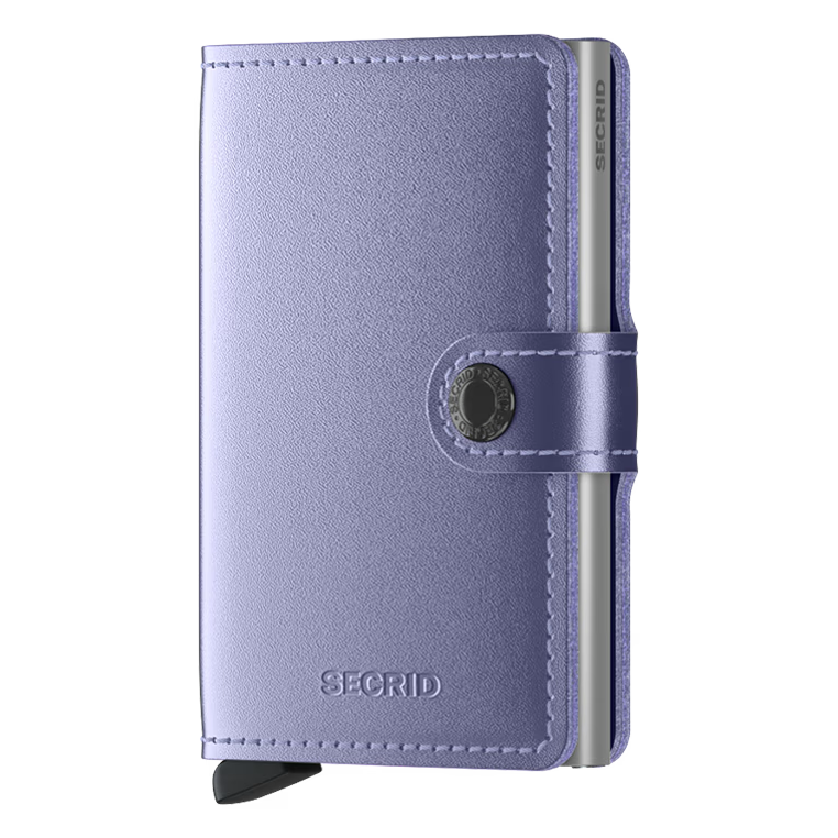 Secrid Miniwallet in metallic finish, showcasing its compact design and front view with card slots and sleek metallic surface.