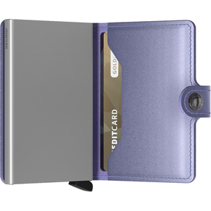 Secrid Miniwallet in metallic finish, compact wallet with card slots and a sleek, modern design, shown in a metallic purple color.