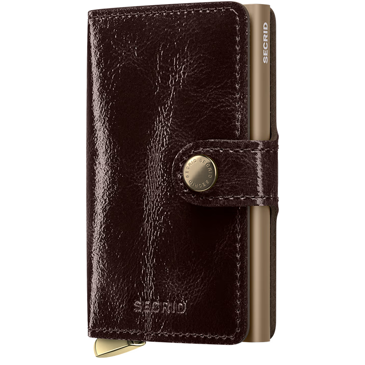Secrid Premium Miniwallet Naplak in mahogany with a smooth leather finish, front view showing compact design and card slots.