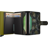 Secrid Miniwallet in Jungle design, open to show card slots and coin pocket, compact leather wallet for everyday use.