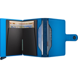 Secrid Miniwallet Yard in ultra blue, open to show compact wallet design with card slots and secure metal frame.