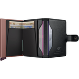 Secrid Miniwallet Mirum in black with rose accents, open to show card slots and interior compartments.