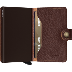 Secrid Miniwallet in vegan espresso brown leather showing compact design and card slots on the front.