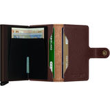 Open Secrid Miniwallet Veg in espresso brown showing card slots and compact design with vegetable-tanned leather.