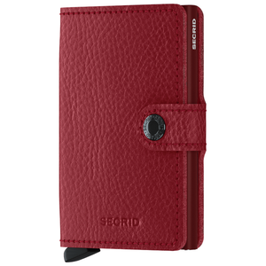 Secrid Miniwallet in vegan Bordeaux red leather with front view showing compact wallet design and stitching details.