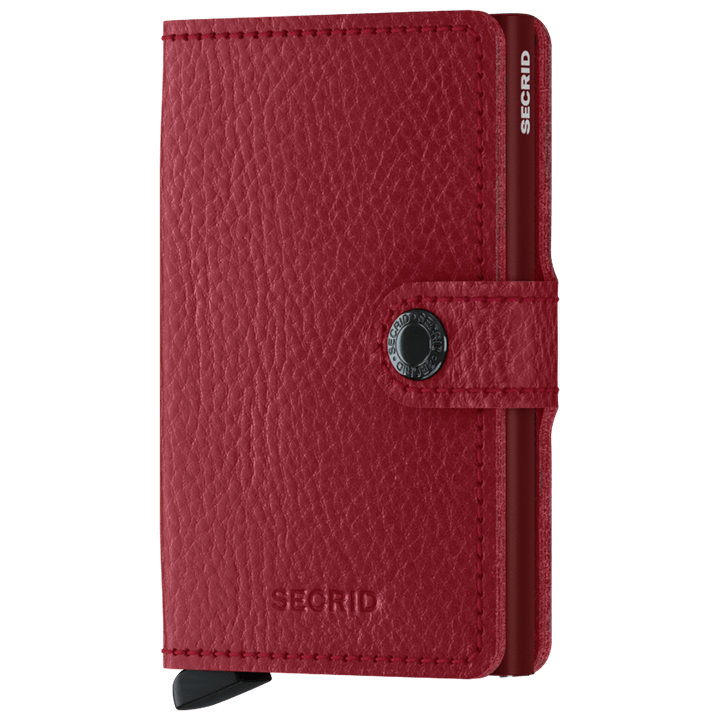 Secrid Miniwallet in vegan Bordeaux red leather with front view showing compact wallet design and stitching details.