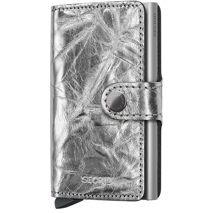 Secrid Miniwallet Crunch in silver, featuring a compact design with card slots and a sleek, modern appearance.