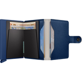 Secrid Miniwallet Art in marbled design open, showing card slots and compact leather wallet for cards and cash.