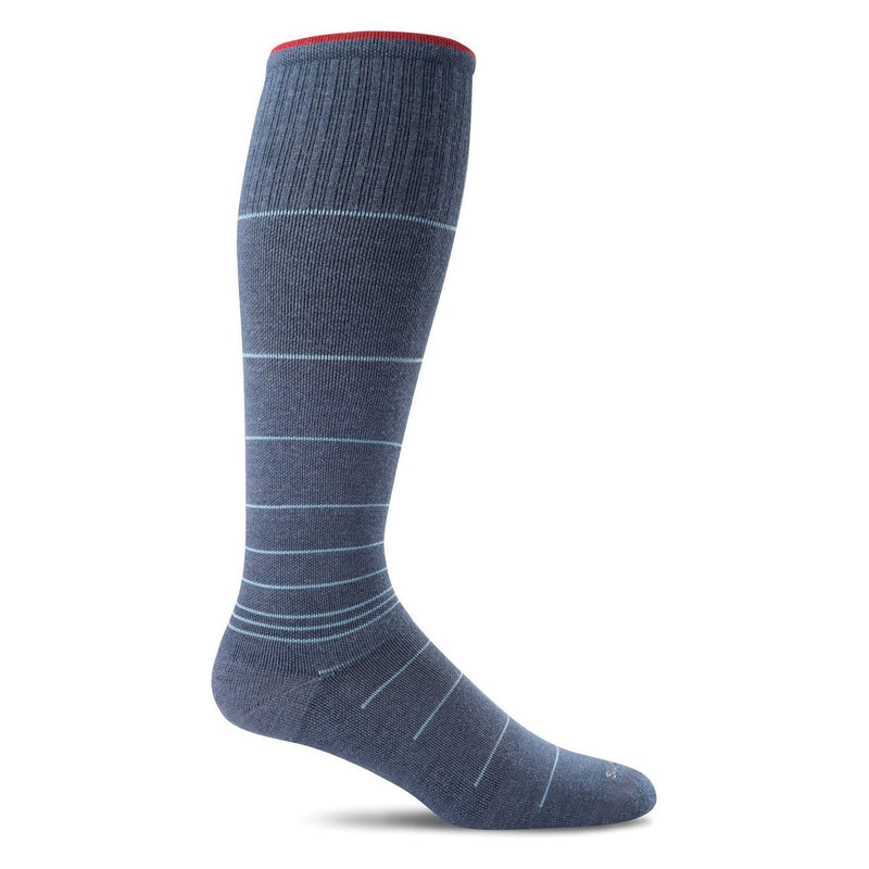 Men's Sockwell Circulator sock in denim with reinforced heel and toe, designed for comfort and support during activity.