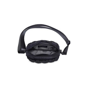 Black Sol & Selene quilted nylon crossbody bag with a sleek design, featuring a compact shape and adjustable strap.