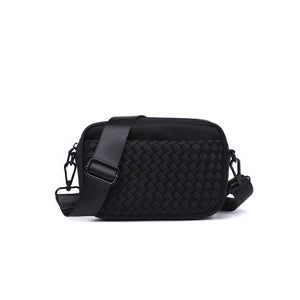 Black woven neoprene crossbody bag by Sol & Selene with a sleek, modern design and adjustable strap.